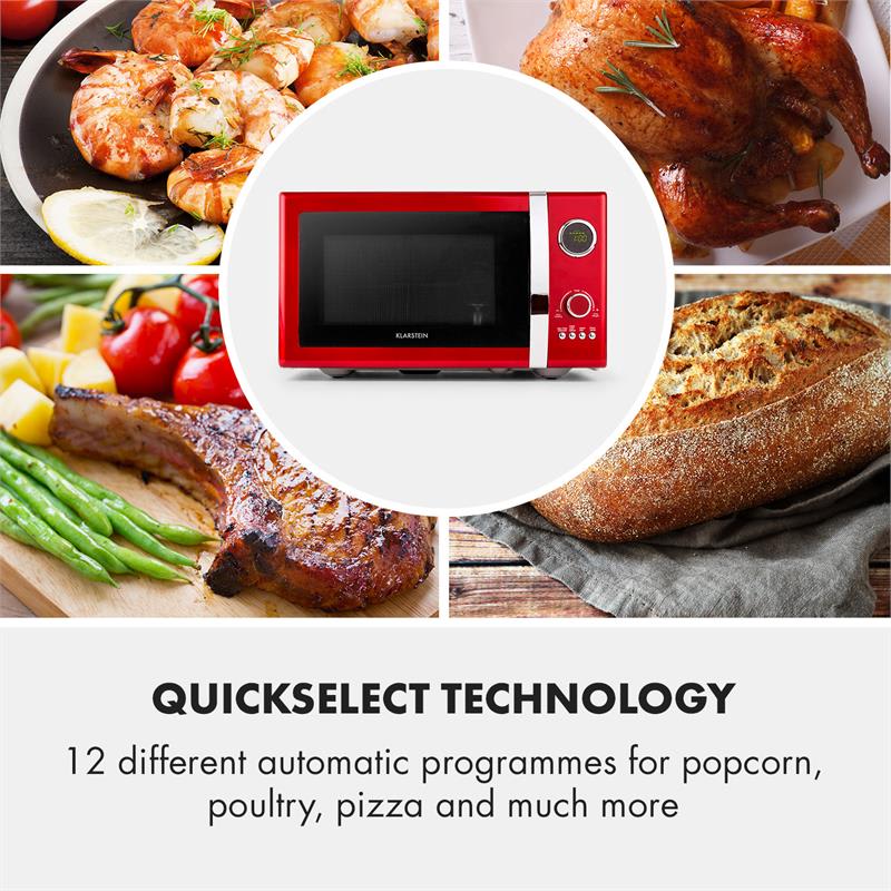 Klarstein Fine Dinesty, mikrovlnná rúra 2 v 1, 23 l, 800 W, gril: 1000 W, retro, 12 programov, červená – Obrázok 5