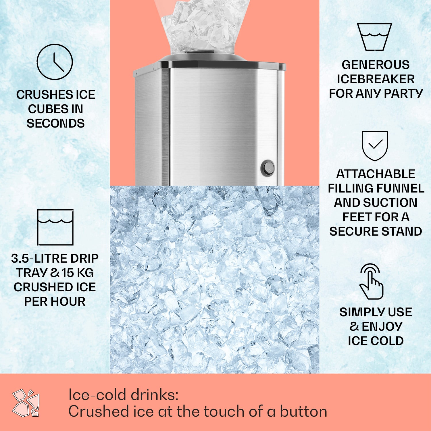 OneConcept Icebreaker, drvič ľadu, 15 kg/h, objem 3,5 l, zásobník na ľad, nehrdzavejúca oceľ – Obrázok 2