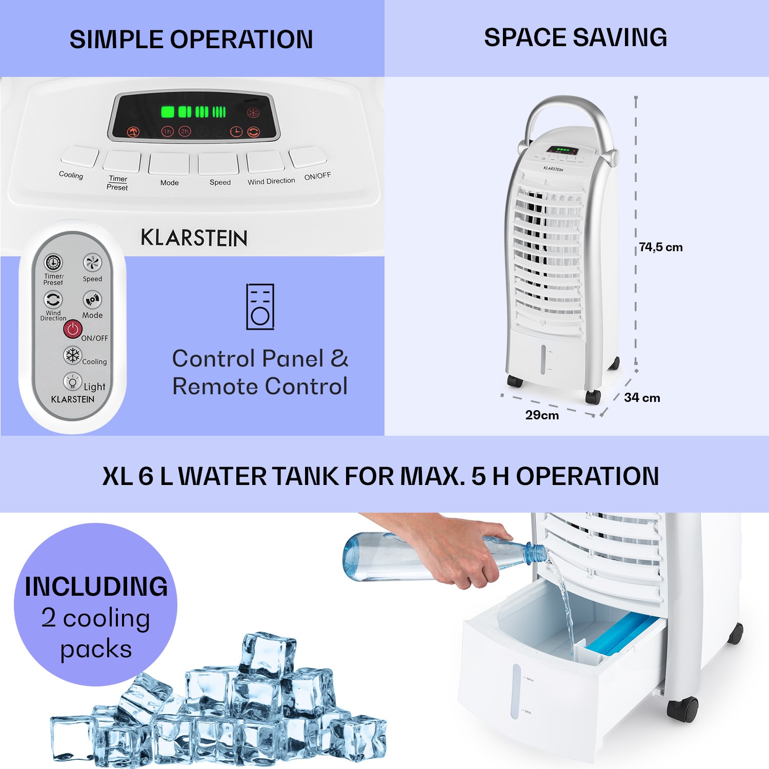 Klarstein Maxfresh, 4 v 1 ochladzovač vzduchu, ventilátor, 65 W, 6 l, diaľkový ovládač, 2 x chladiaci box – Obrázok 2