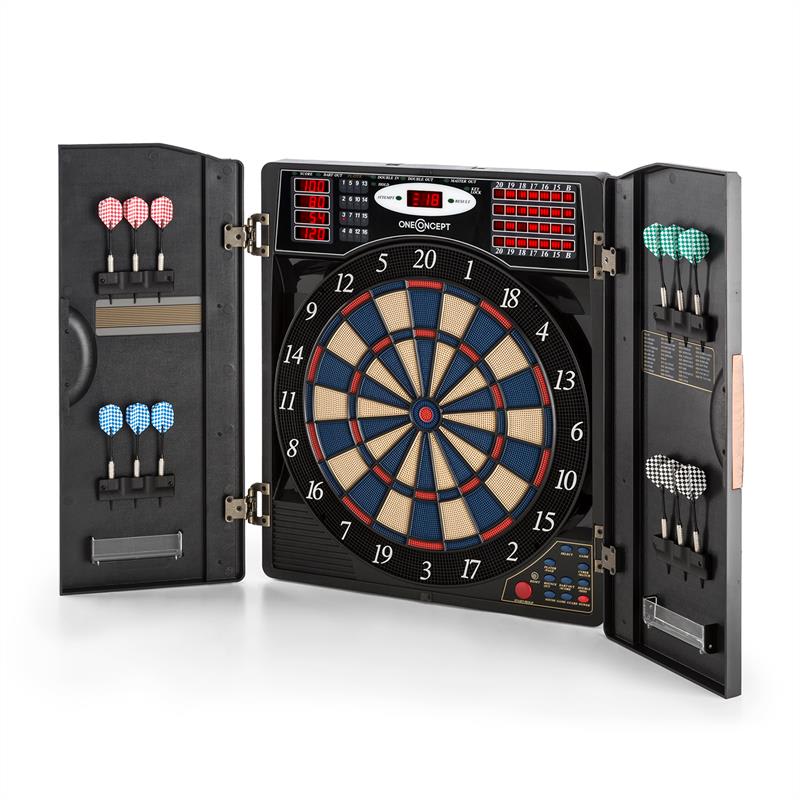 OneConcept Masterdarter, drevený vzhľad, terč na šípky, automat na šípky, mäkký hrot, dvierka – Obrázok 5