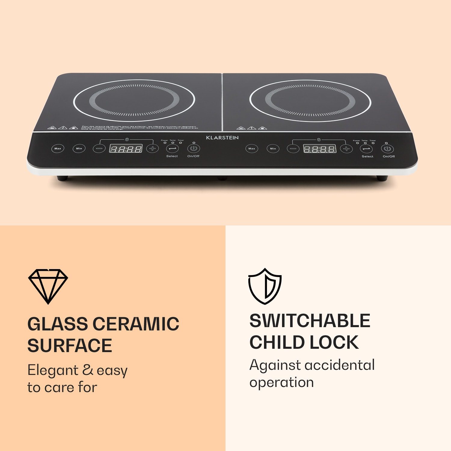Klarstein VariCook Slim, indukčný varič, 3500 W, 240 °C, 2 platne, časovač, dotykové ovládanie – Obrázok 2