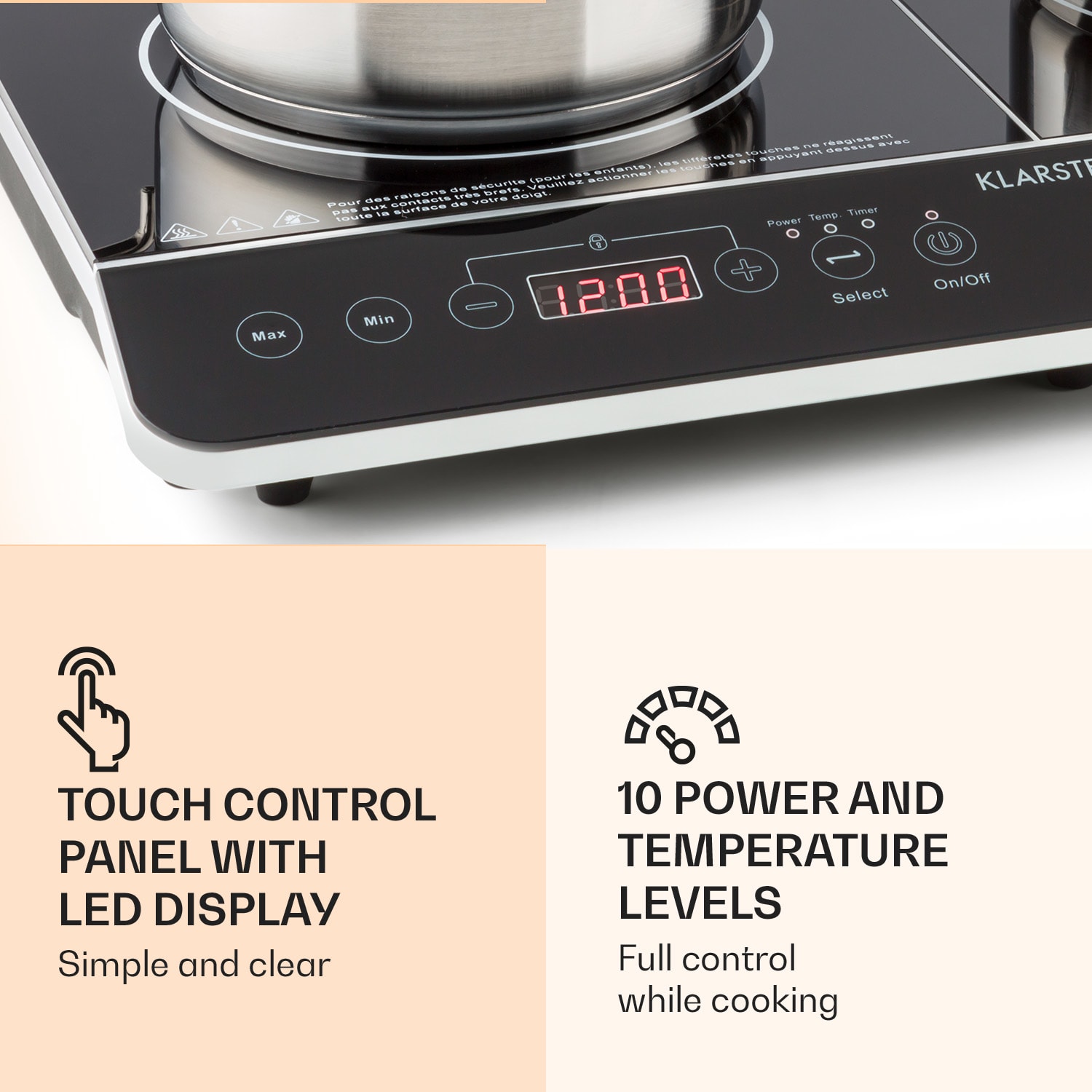 Klarstein VariCook Slim, indukčný varič, 3500 W, 240 °C, 2 platne, časovač, dotykové ovládanie – Obrázok 4