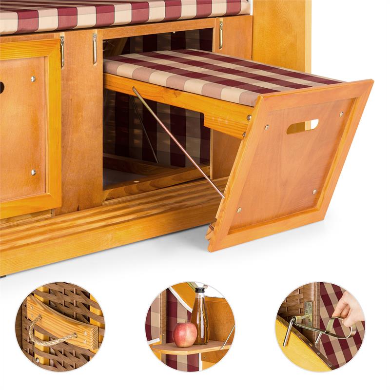 Blumfeldt Hiddensee, plážové sedenie, plážový kôš XL, dvojsedadlo, ležadlo, borovica, červené/biele, károvaný motív – Obrázok 4