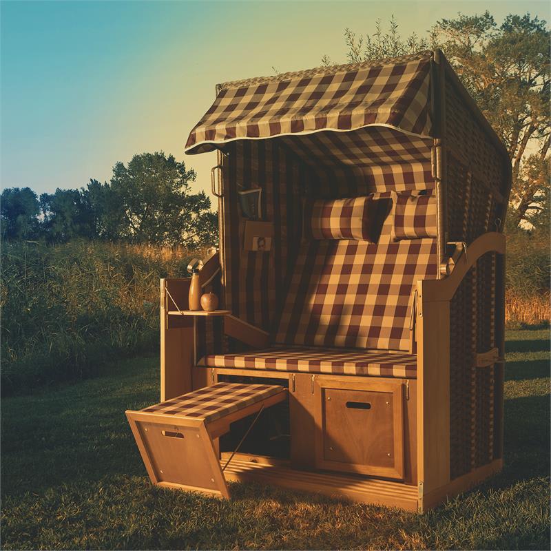 Blumfeldt Hiddensee, plážové sedenie, plážový kôš XL, dvojsedadlo, ležadlo, borovica, červené/biele, károvaný motív – Obrázok 5