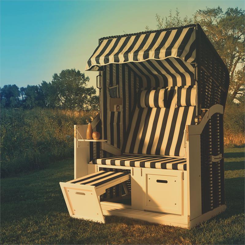 Blumfeldt Hiddensee, plážové sedenie, plážový kôš XL, dvojsedadlo, ležadlo, borovica, modré/biele, pruhovaný motív – Obrázok 5