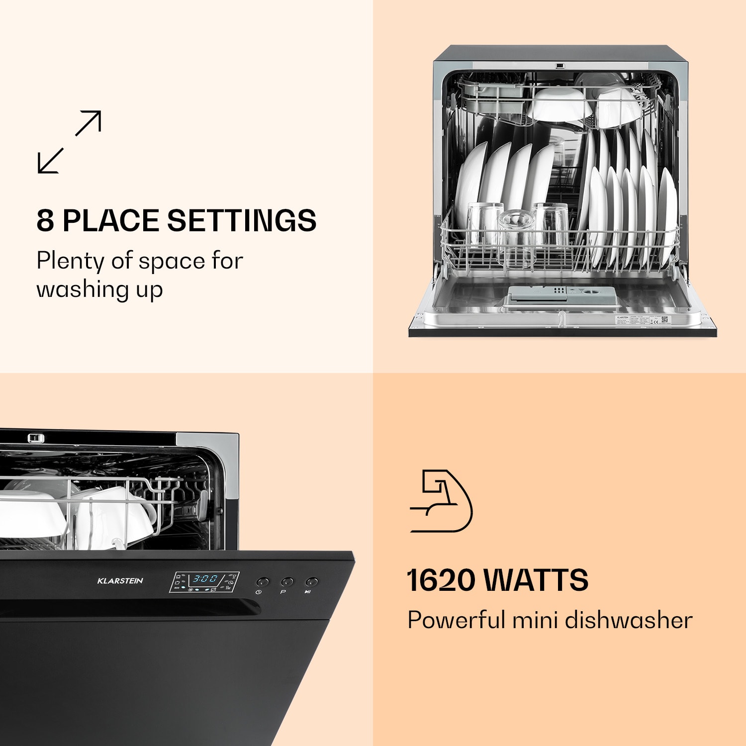 Klarstein Amazonia 8, umývačka riadu, 1620 W, na 8 súprav riadu, energet. trieda F, 49 dB, aquastop – Obrázok 2