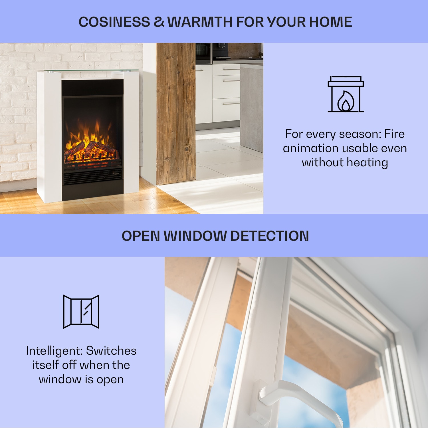 Klarstein Studio-5, elektrický krb, teplovzdušný ventilátor, 900/1800 W, diaľkové ovládanie, biely – Obrázok 4