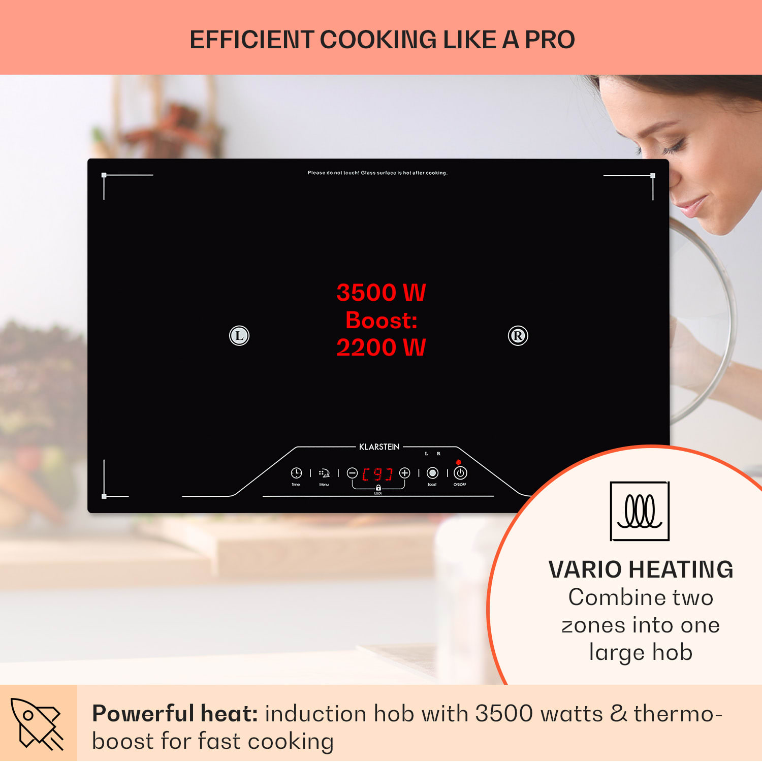 Klarstein Deejay, indukčná varná doska, 3500 W, sklokeramika, dotykové ovládanie, čierna – Obrázok 3