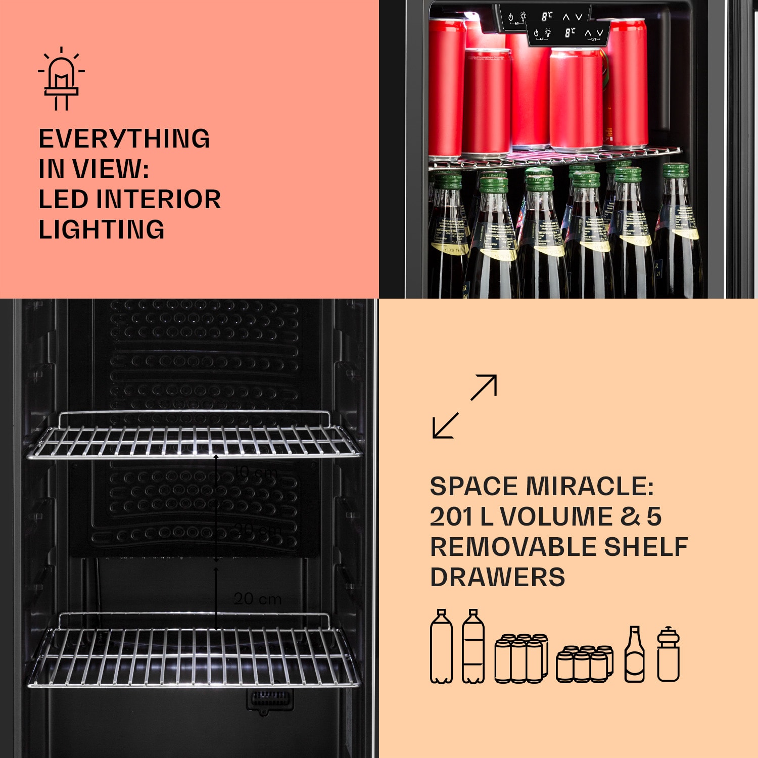 Klarstein Beersafe 6XL, chladnička na nápoje, 201 l, 0-10°C, sklo, energet. trieda G, nehrdzavejúca oceľ – Obrázok 4