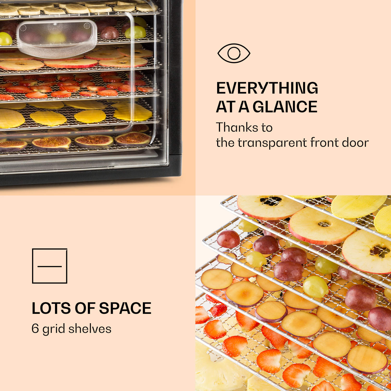 Klarstein Fruit Jerky Plus 6, sušička ovocia, 420-500 W, časovač, 6 poschodí, čierna – Obrázok 3