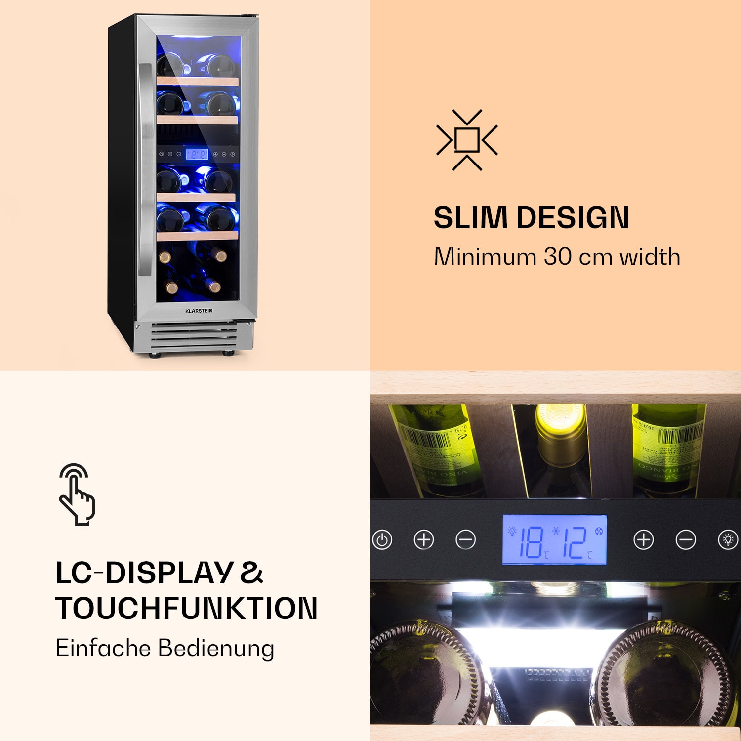 Klarstein Vinovilla Duo 17, dvojzónová vinotéka, 53 l, 17 fliaš, 3-farebné LED osvetlenie, sklenené dvierka – Obrázok 5