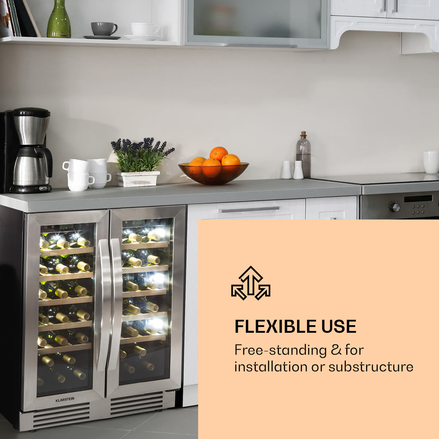 Klarstein Vinovilla Duo 42, dvojzónová vinotéka, 126 l, 42 fliaš, 3 farebné LED osvetlenie, sklenené dvere – Obrázok 2