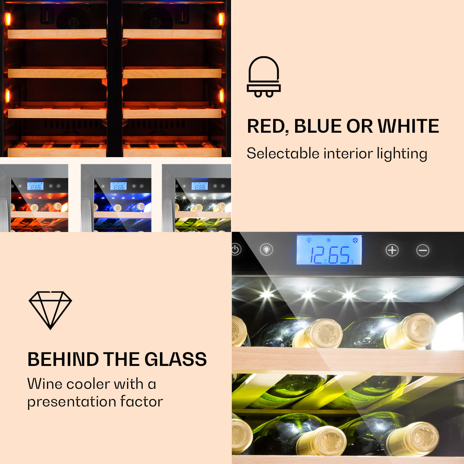 Klarstein Vinovilla Duo 42, dvojzónová vinotéka, 126 l, 42 fliaš, 3 farebné LED osvetlenie, sklenené dvere – Obrázok 3