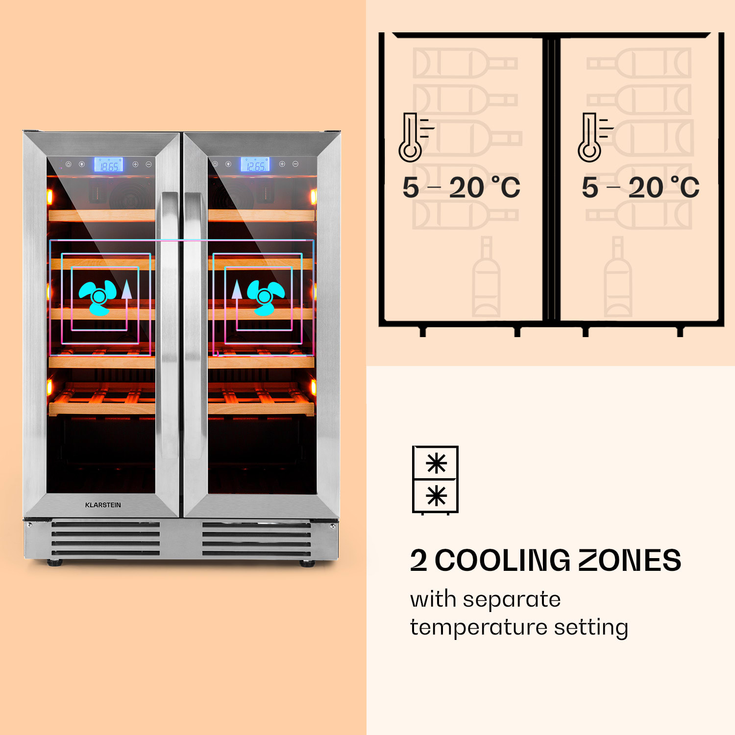Klarstein Vinovilla Duo 42, dvojzónová vinotéka, 126 l, 42 fliaš, 3 farebné LED osvetlenie, sklenené dvere – Obrázok 4