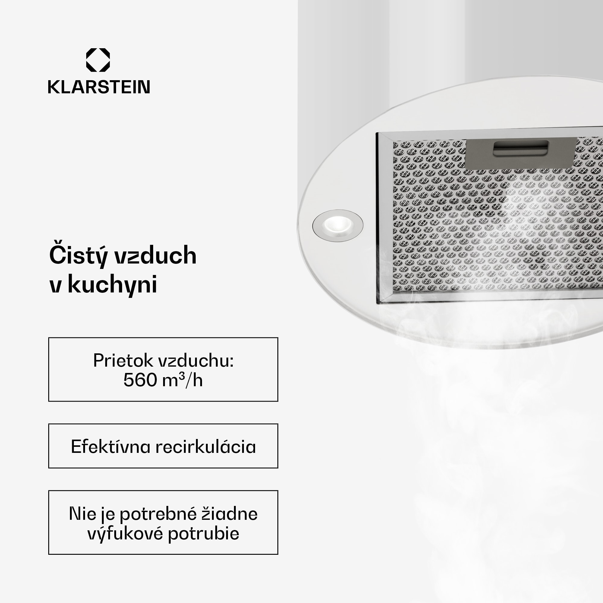 Klarstein Odsávač pár Barett v ostrovnom vyhotovení, Ø35 cm, recirkulačný režim, 522 m³/h, LED osvetlenie, filter s aktívnym uhlím – Obrázok 3