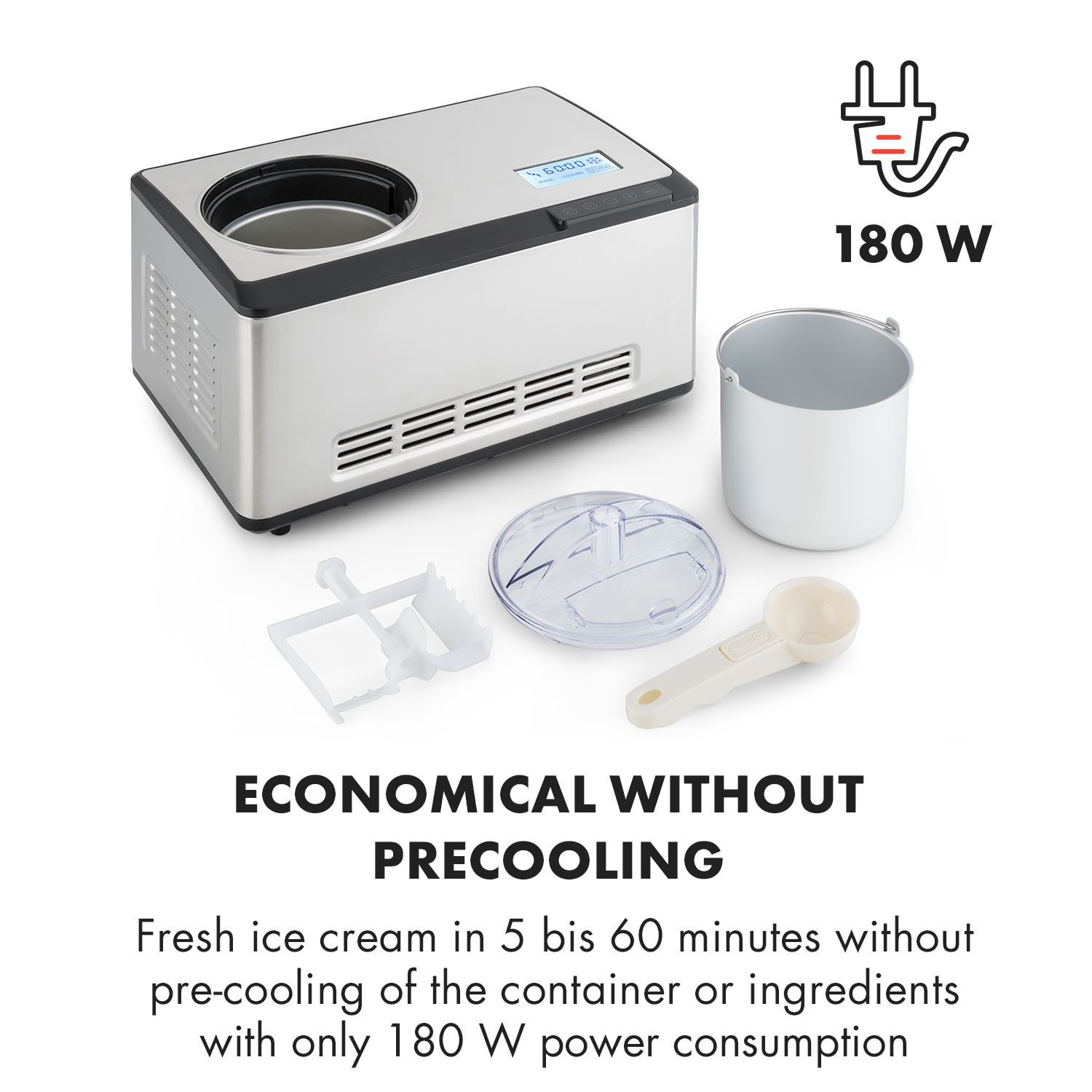 Klarstein Dolce Bacio, zmrzlinovač, kompresor, 2 l, LCD displej, dotykový panel, nehrdzavejúca oceľ – Obrázok 5