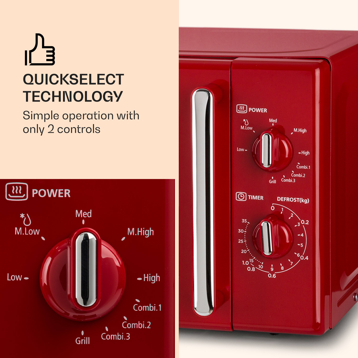 Klarstein Caroline, mikrovlnná rúra, 20 l, 700/1000 W, Ø 25,5 cm, QuickSelect, retro, červená – Obrázok 4