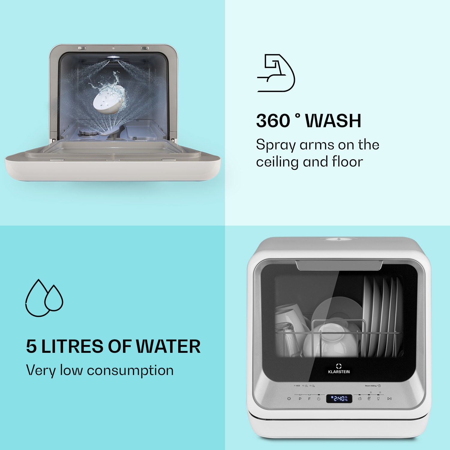 Klarstein Amazonia Mini, umývačka riadu, 6 programov, LED displej – Obrázok 5
