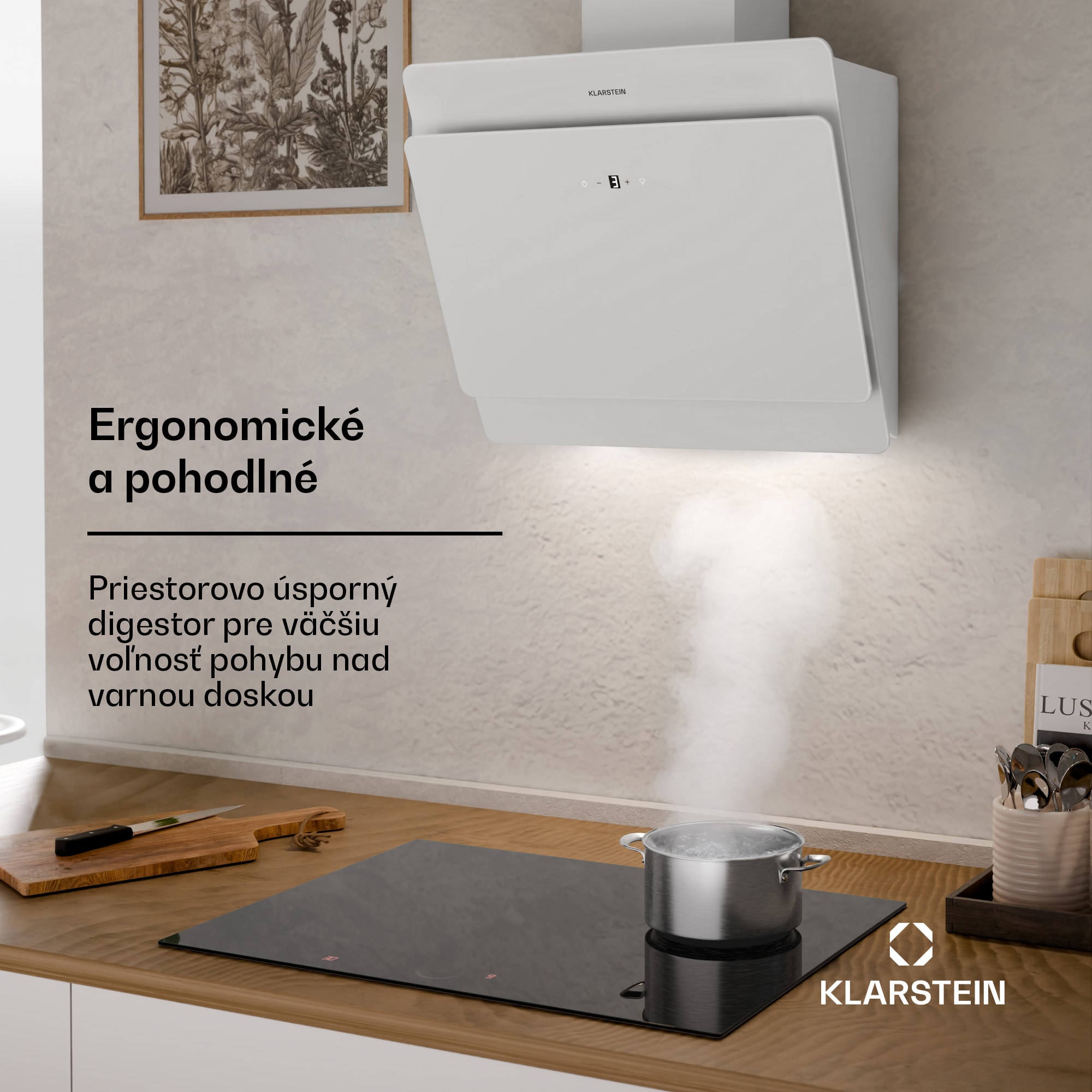 Klarstein Aurica 60, digestor, 60 cm, nástenný, 610 m³/h, LED, dotykové ovládanie, sklo, biely – Obrázok 2