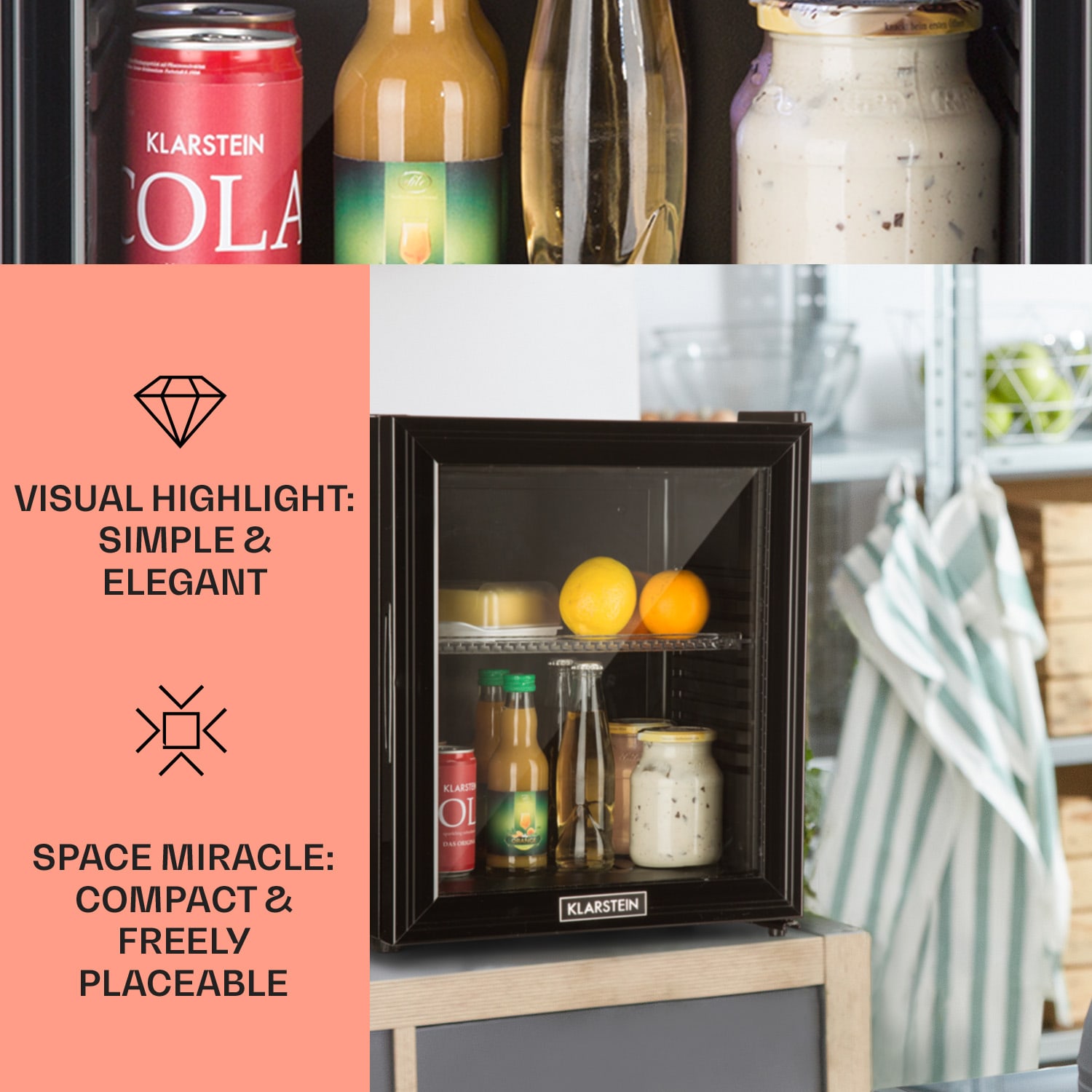 Klarstein Brooklyn 24, mini chladnička, sklenené dvierka, LED osvetlenie, police – Obrázok 3