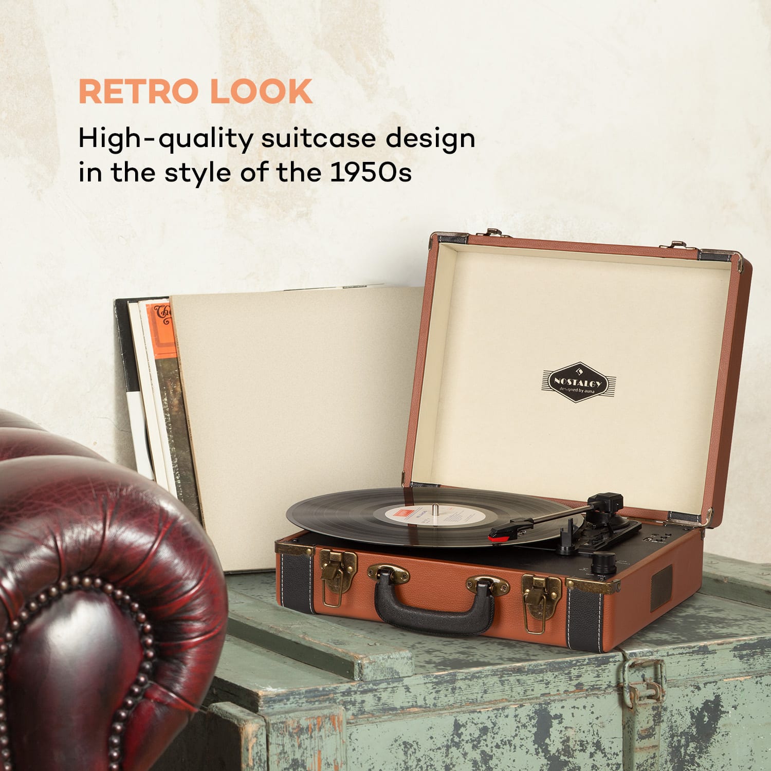 Auna Jerry Lee BT, gramofón, BT, USB, nahrávanie a prehrávanie, hnedý – Obrázok 2