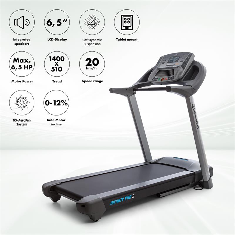 Capital Sports Infinity Pro 2.0, bežecký pás, 6,5 HP, BT/ANT+, aplikácia Kinomap, LCD – Obrázok 2
