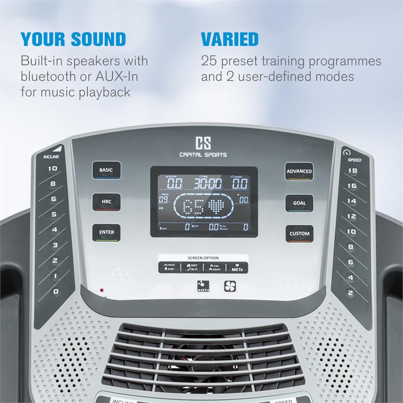 Capital Sports Infinity Pro 2.0, bežecký pás, 6,5 HP, BT/ANT+, aplikácia Kinomap, LCD – Obrázok 4