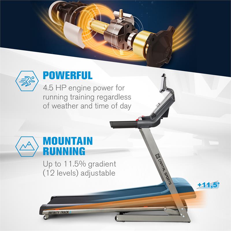 Capital Sports Infinity Track 2.0, bežecký pás, 5 HP, BT, aplikácia Kinomap, LCD – Obrázok 4