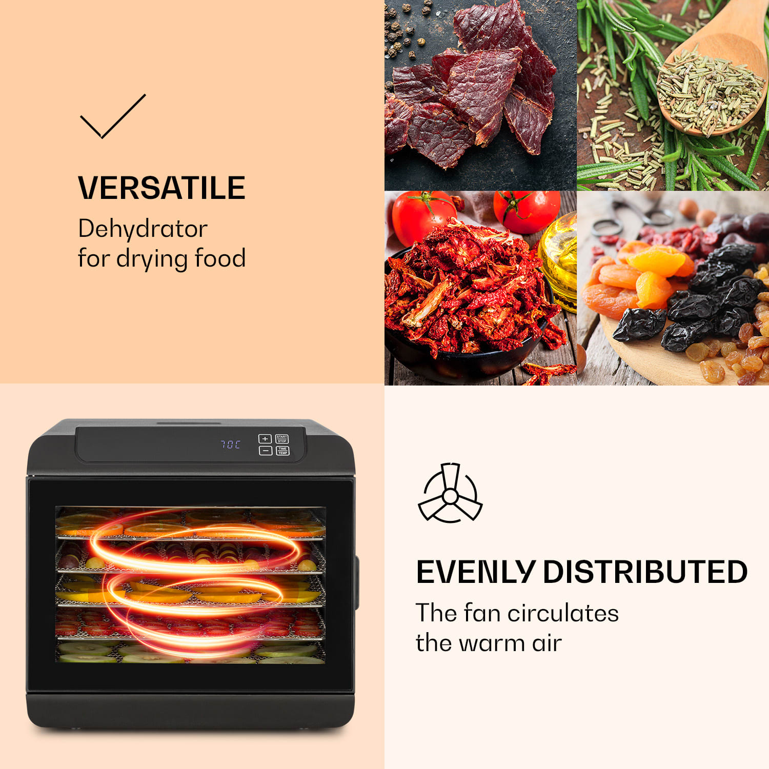 Klarstein Arizona Jerky, sušička ovocia, 500 W, 35-70 °C, digitálny dotykový displej, čierna – Obrázok 5