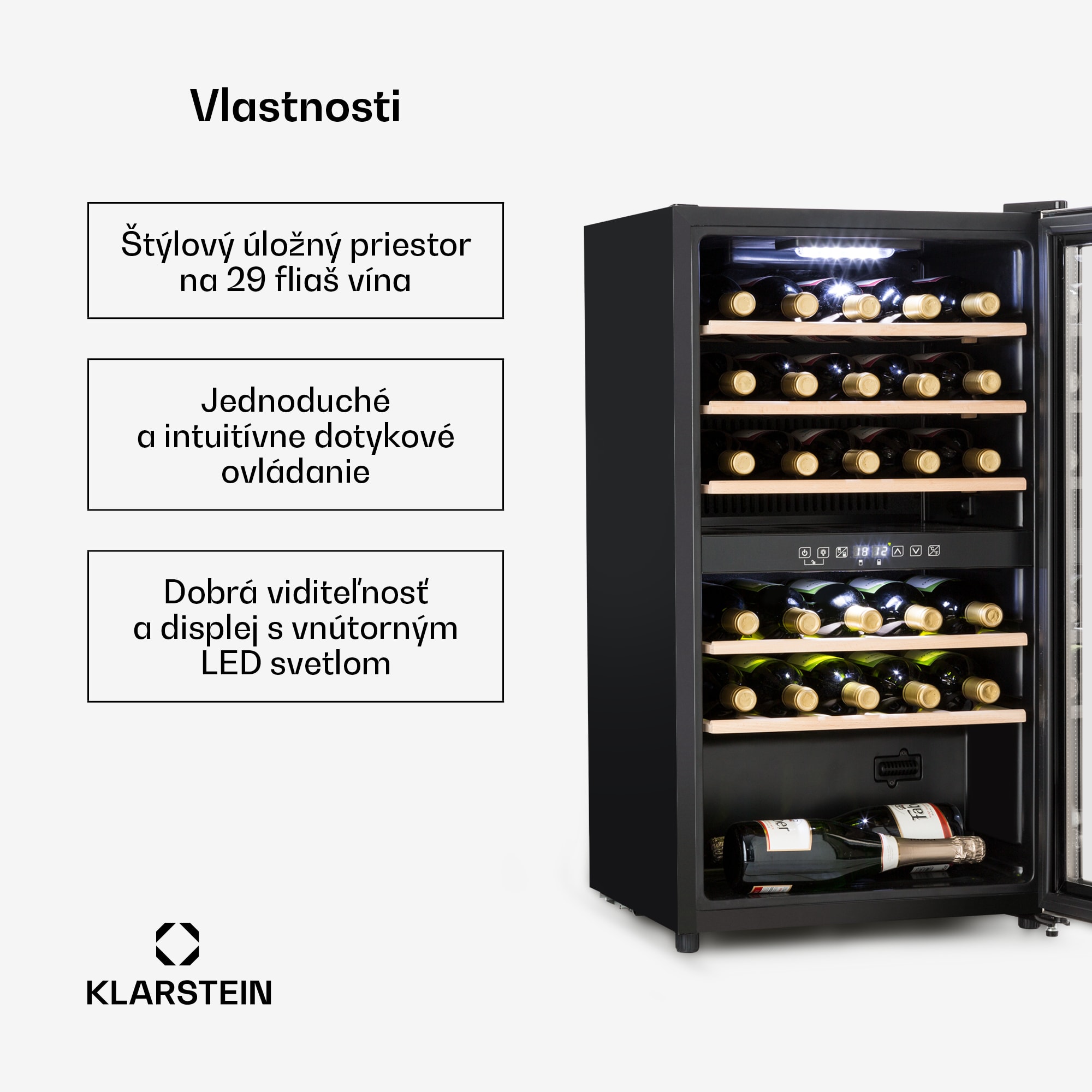 Klarstein Vinamour 29D, vinotéka, 2 zóny, 80 l, 29 fliaš, 5-22°C, dotykové ovládanie – Obrázok 2