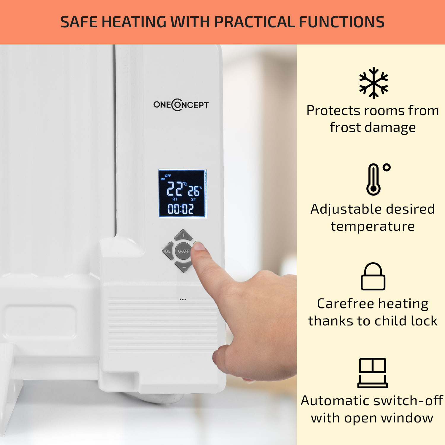 OneConcept Wallander, olejový radiátor, 600 W, termostat, olejové vyhrievanie, plochý dizajn, biely – Obrázok 4