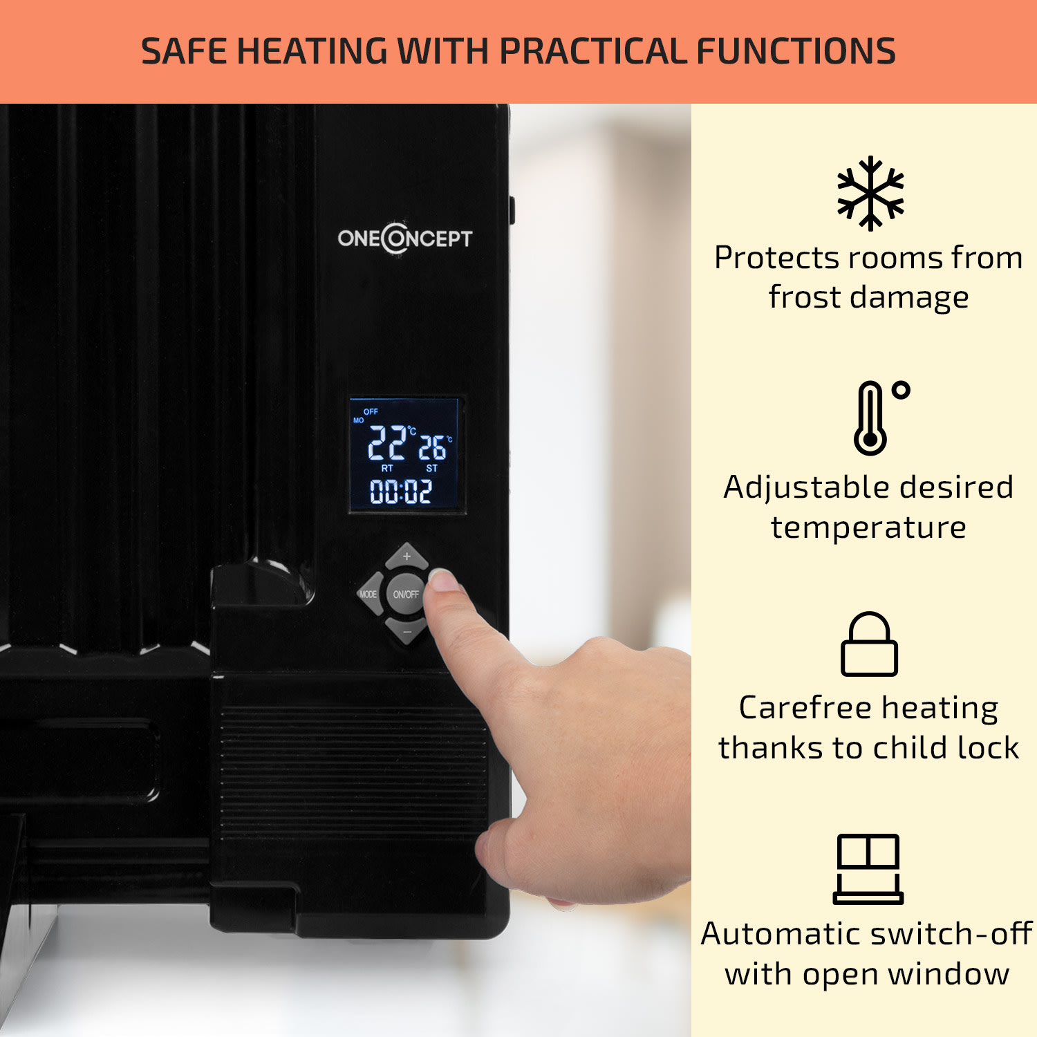 OneConcept Wallander, olejový radiátor, 600 W, termostat, olejové vyhrievanie, plochý dizajn, čierny – Obrázok 4