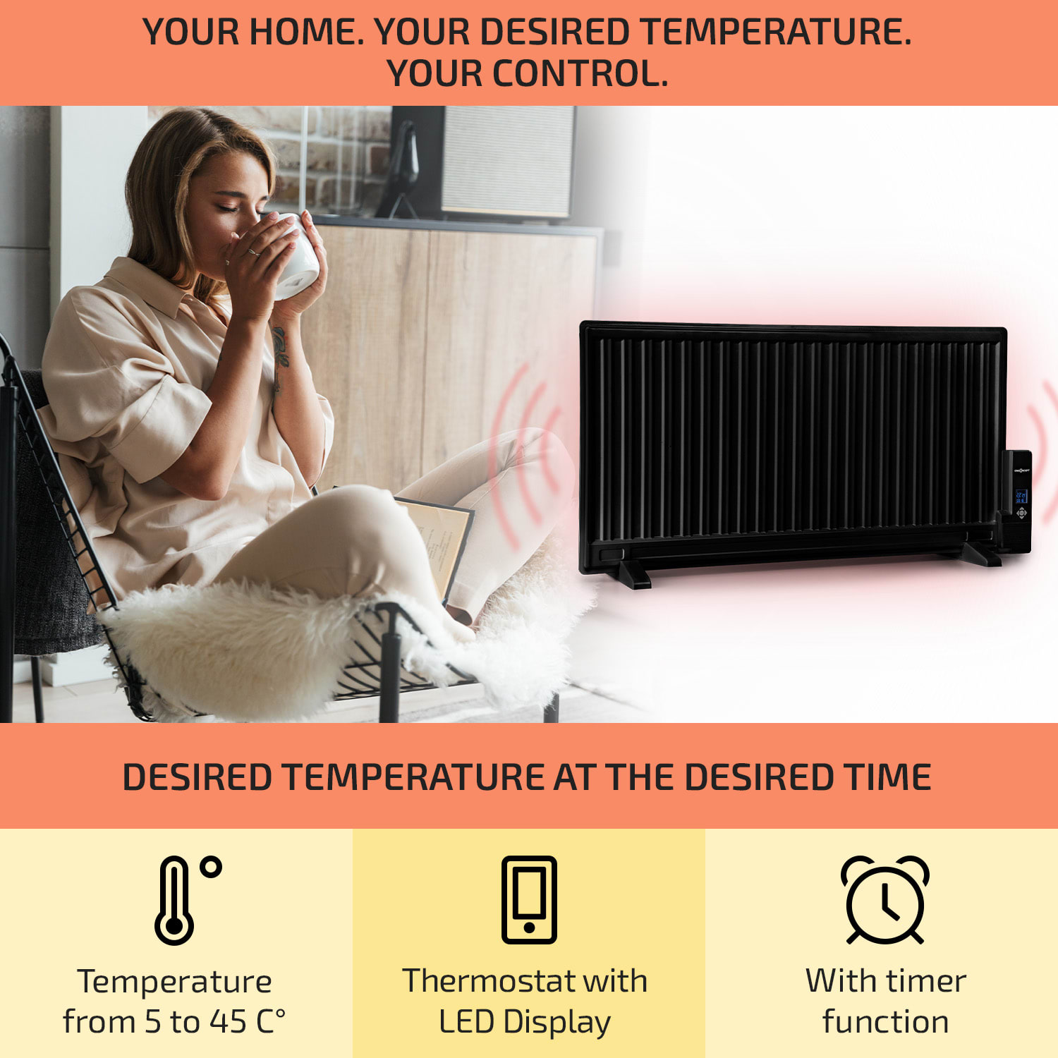 OneConcept Wallander, olejový radiátor, 1000 W, termostat, olejové vyhrievanie, plochý dizajn, čierny – Obrázok 3