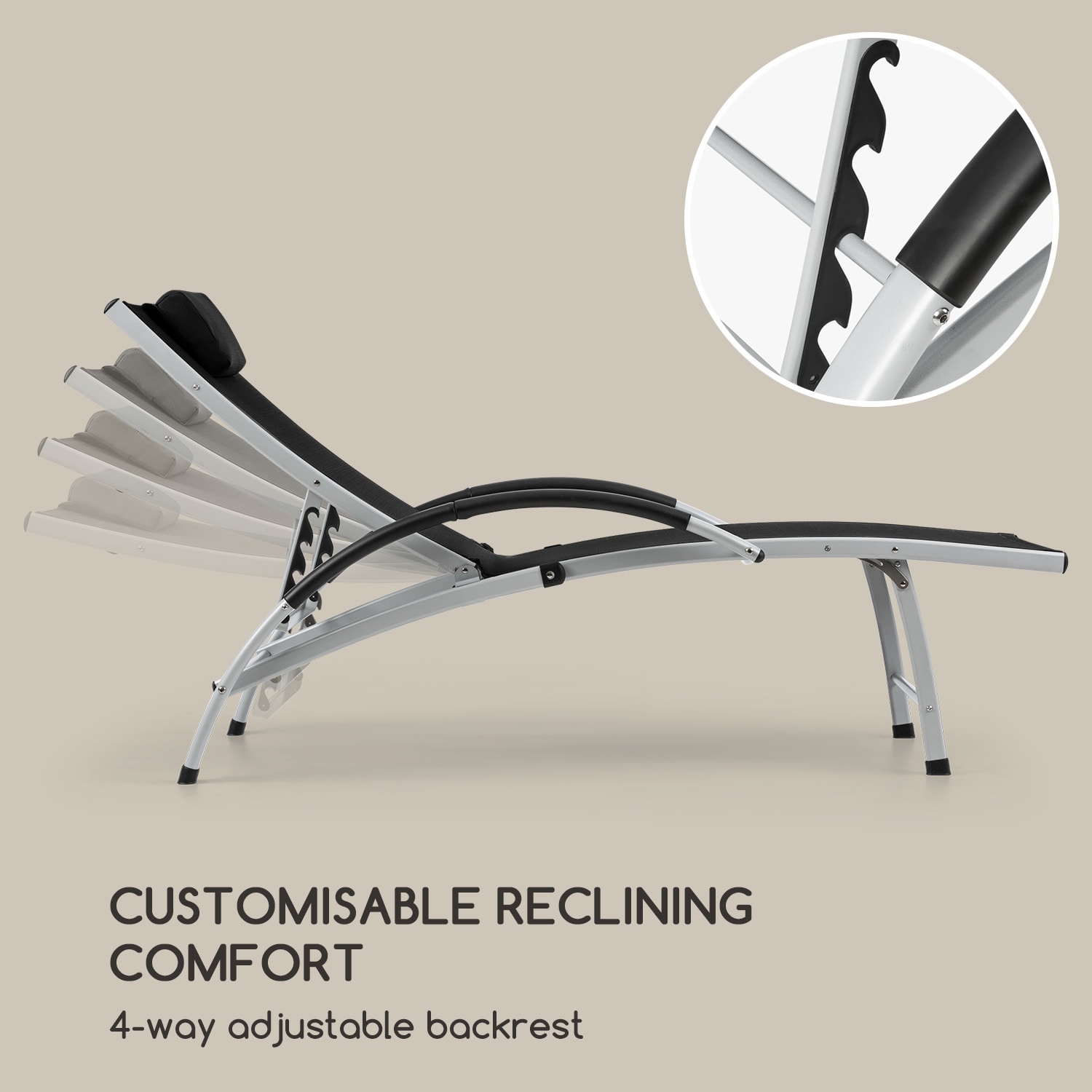 Blumfeldt Sun Valley, záhradné lehátko, sklápateľné, vankúš, čierne – Obrázok 3