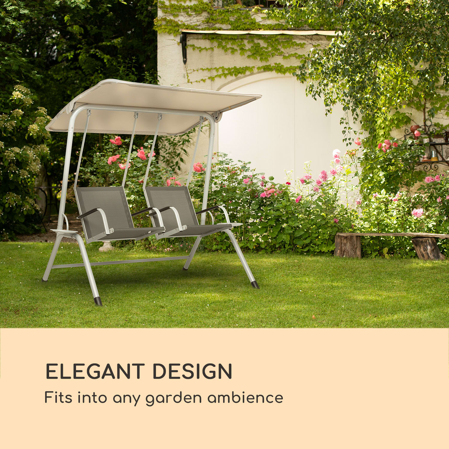 Blumfeldt Bel Air Duo Swing, hollywoodska hojdačka, oceľový rám, antracitová/krémová – Obrázok 5