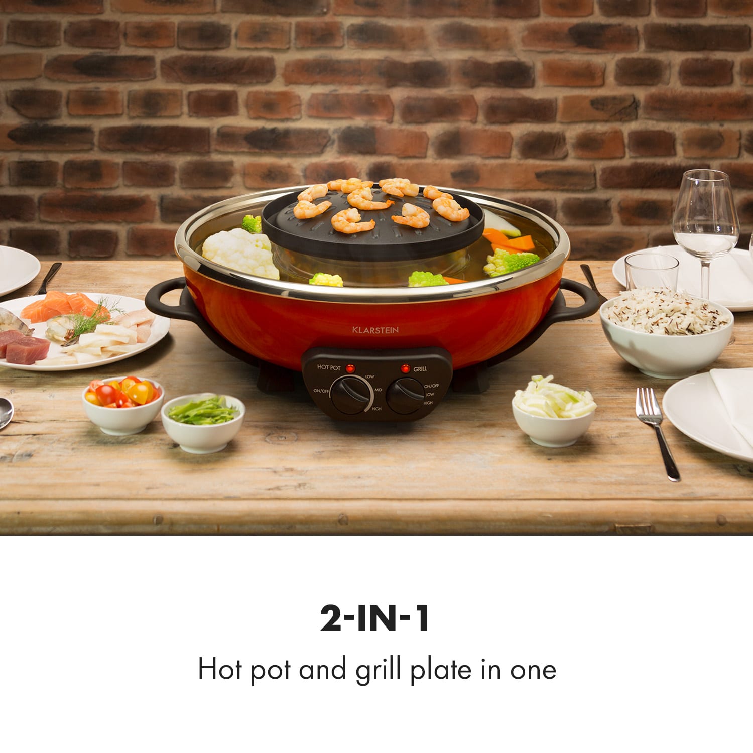 Klarstein Szechuan, hot pot a grilovacia platňa, objem 5 l, 1350 W, 600 W, červená – Obrázok 2