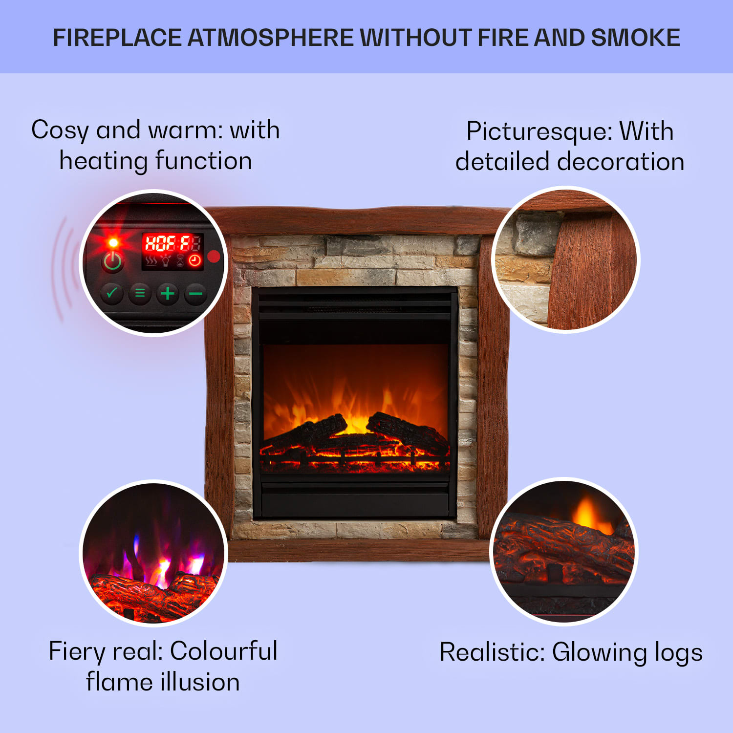 Klarstein Lienz, elektrický krb, 1800 W, vzhľad kameňa, polystone, diaľkové ovládanie – Obrázok 2