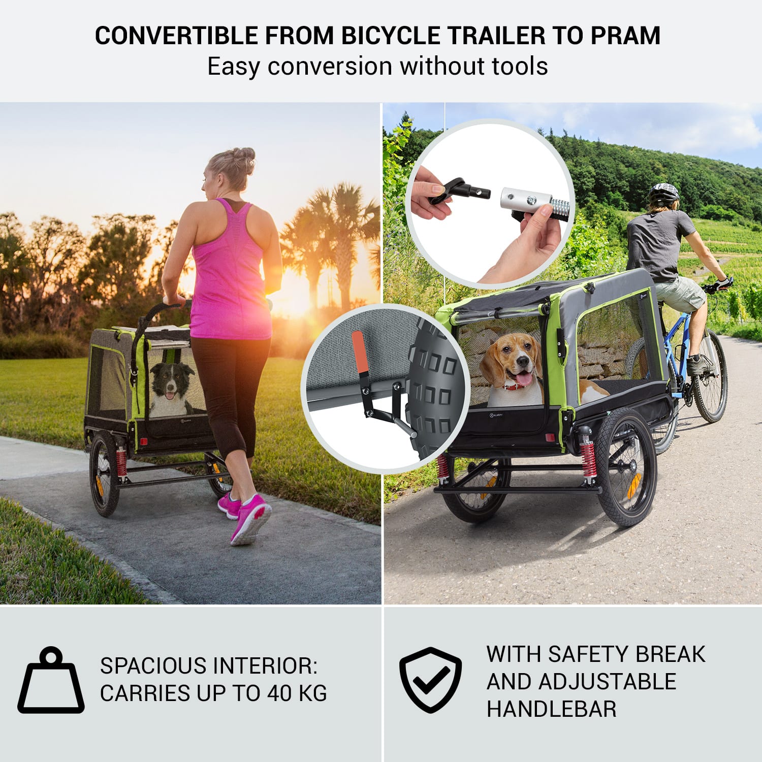 KLARFIT Husky Vario, 2-v-1, príves pre psa, bugina pre psov, cca 240L, 600D, Oxfort, zelený – Obrázok 2