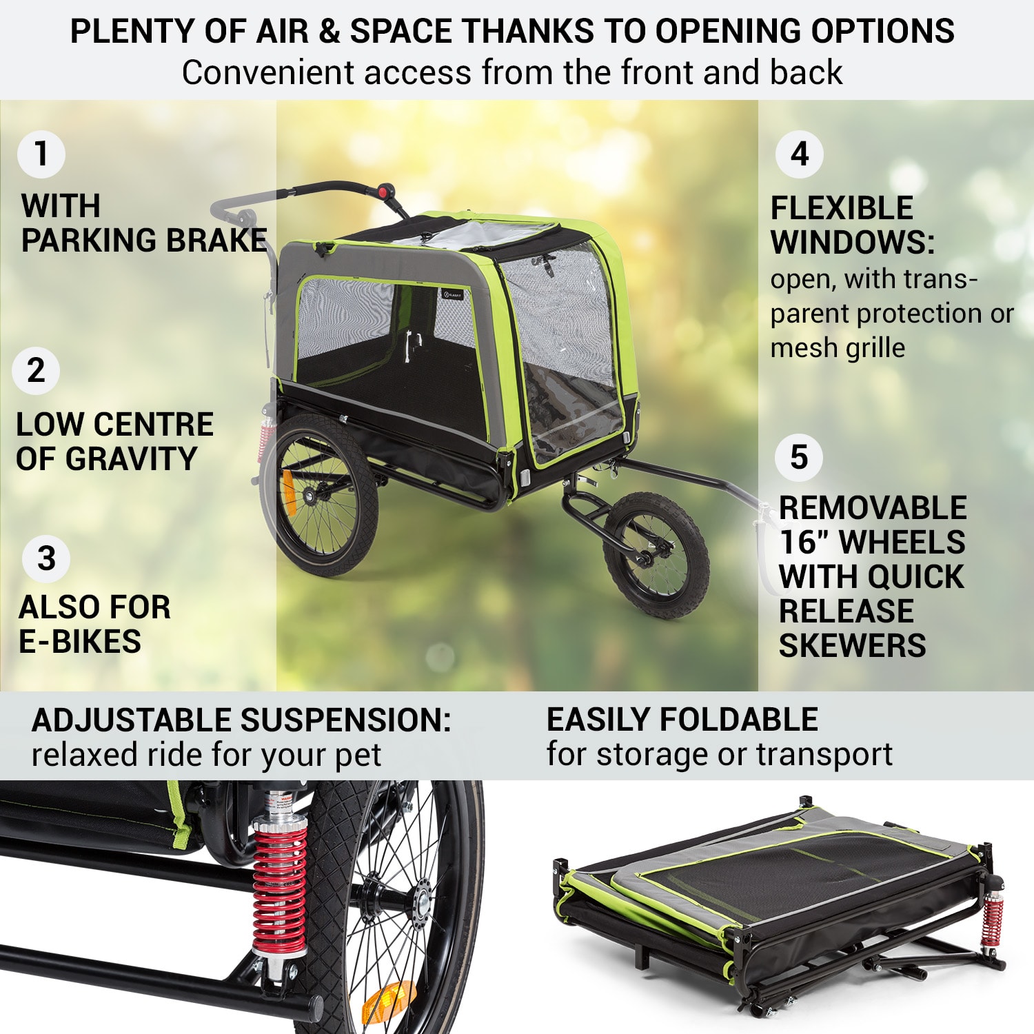 KLARFIT Husky Vario, 2-v-1, príves pre psa, bugina pre psov, cca 240L, 600D, Oxfort, zelený – Obrázok 3