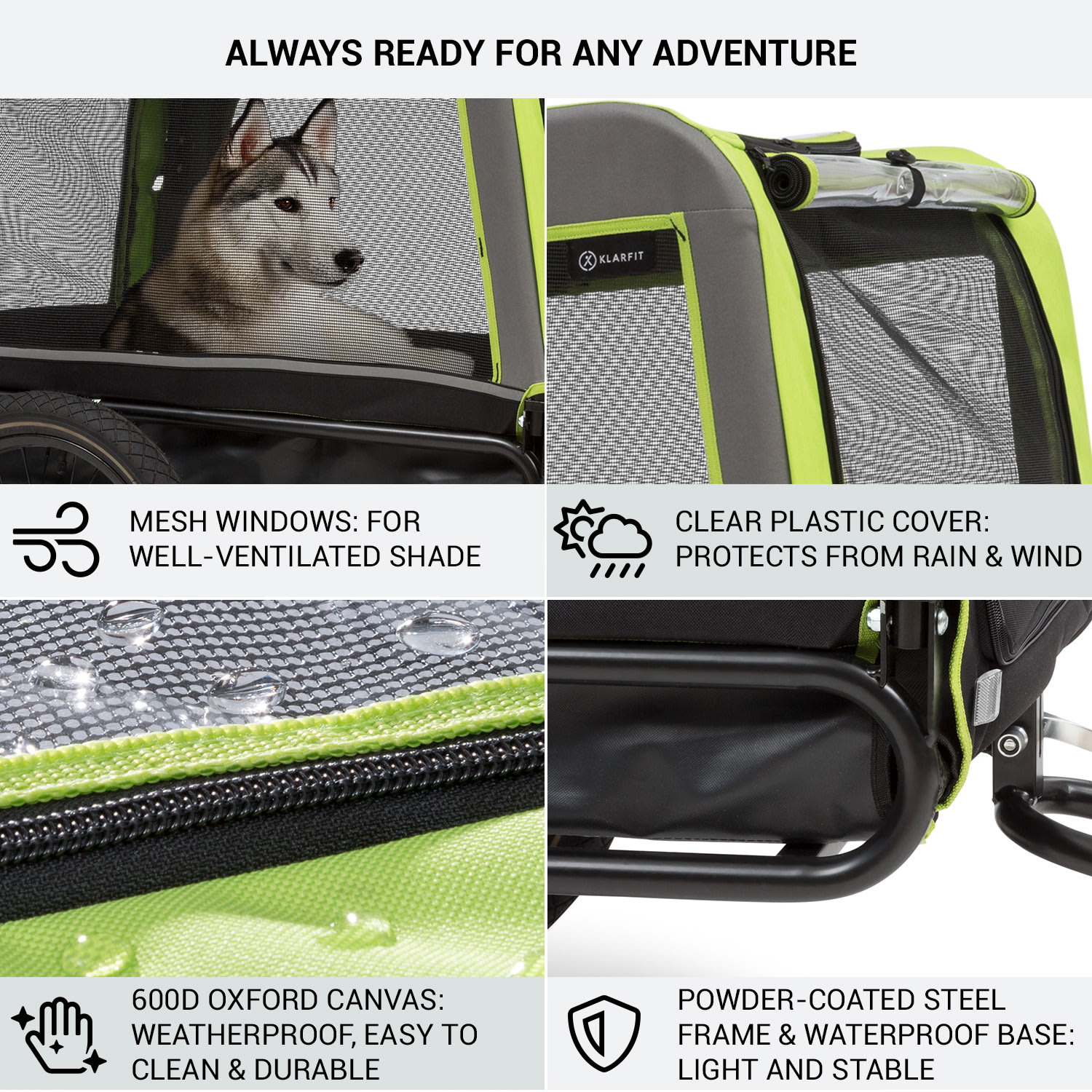 KLARFIT Husky Vario, 2-v-1, príves pre psa, bugina pre psov, cca 240L, 600D, Oxfort, zelený – Obrázok 5