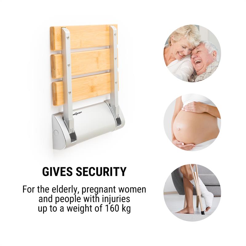 OneConcept Arielle, sedadlo do sprchy, bambus, hliník, sklápacie, 160 kg max., drevo – Obrázok 3