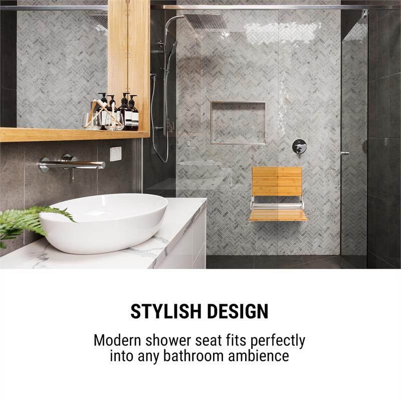 OneConcept Arielle Deluxe, sedadlo do sprchy, bambus, hliník, sklápacie, 160 kg max., drevo – Obrázok 2