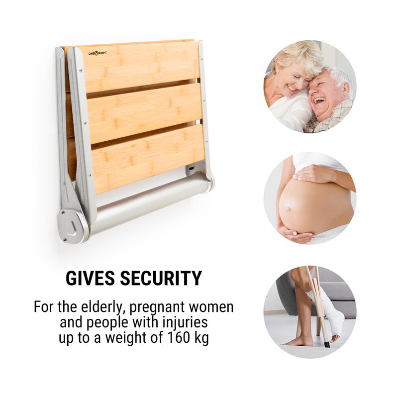 OneConcept Arielle Deluxe, sedadlo do sprchy, bambus, hliník, sklápacie, 160 kg max., drevo – Obrázok 3