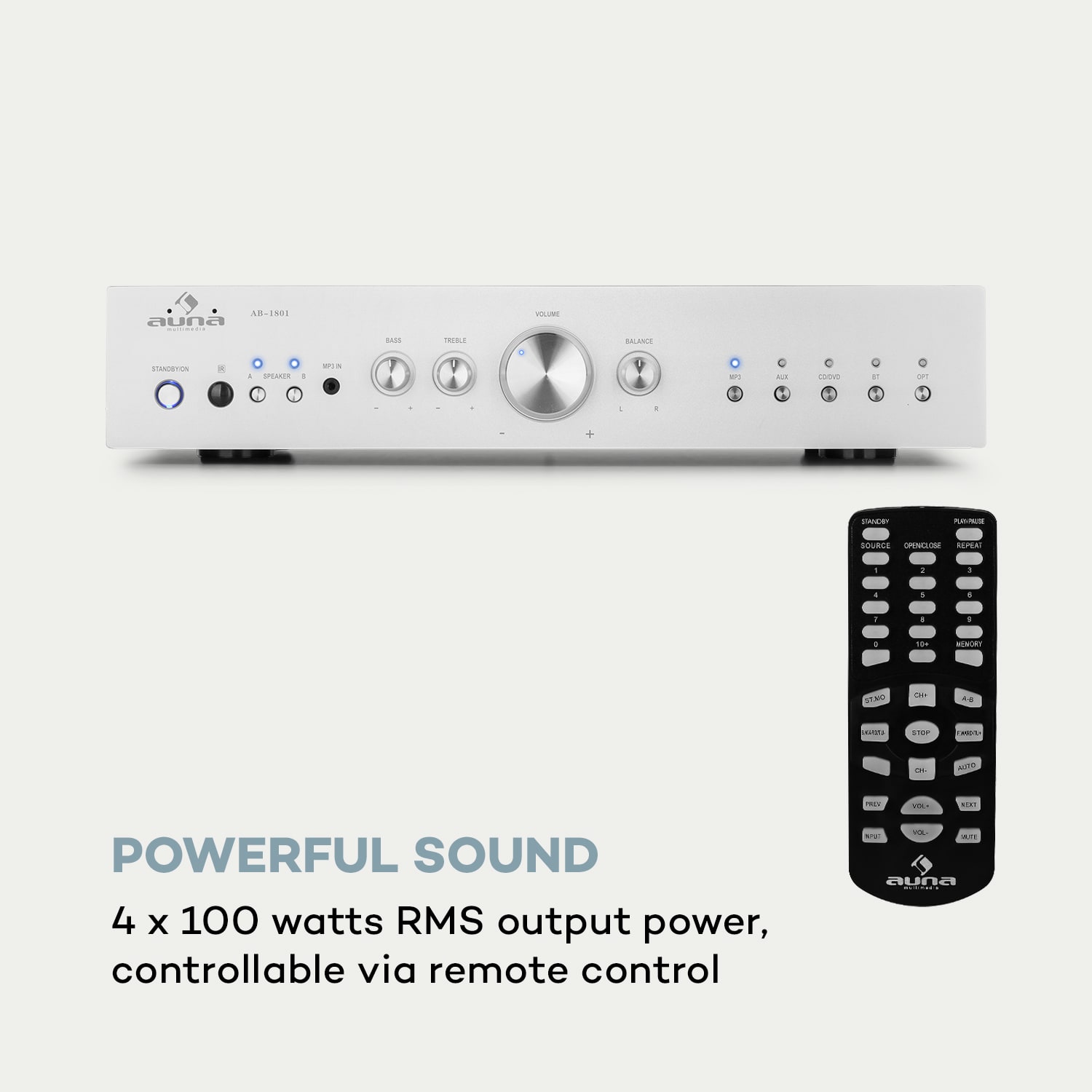 Auna AV2-CD608BT, HiFi stereo zosilňovač, 4 x 100 W RMS, BT, digitálny optický vstup – Obrázok 3