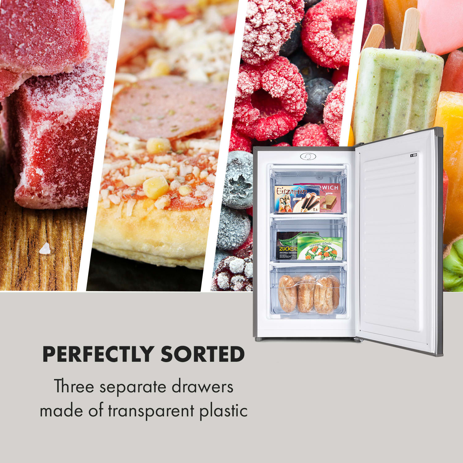 Klarstein Garfield Eco L, mraznička, 64 l, 3 zásuvky, sivá – Obrázok 5