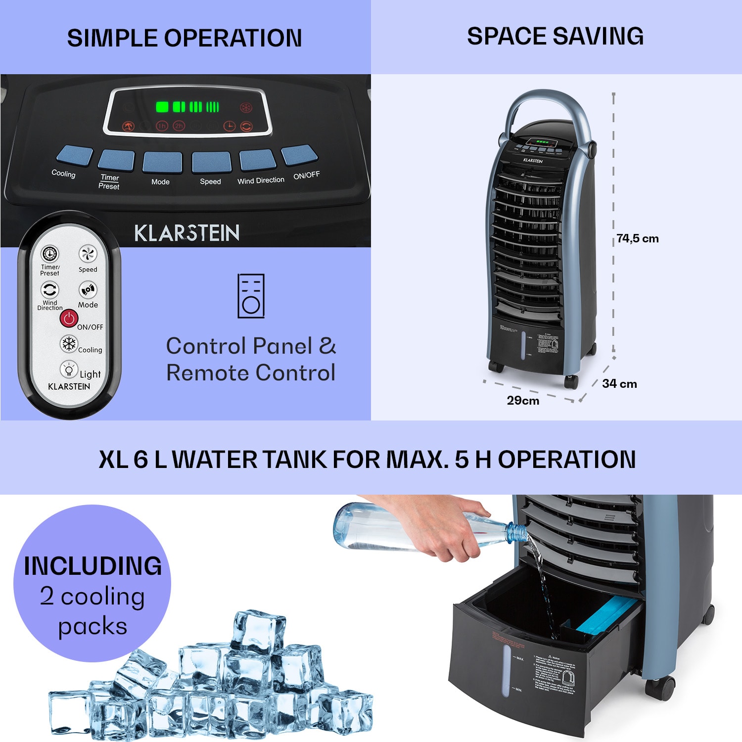 Klarstein Maxfresh, 3 v 1 ochladzovač vzduchu, ventilátor, 65 W, 6 l, diaľkový ovládač, 2 x chladiaci box – Obrázok 2