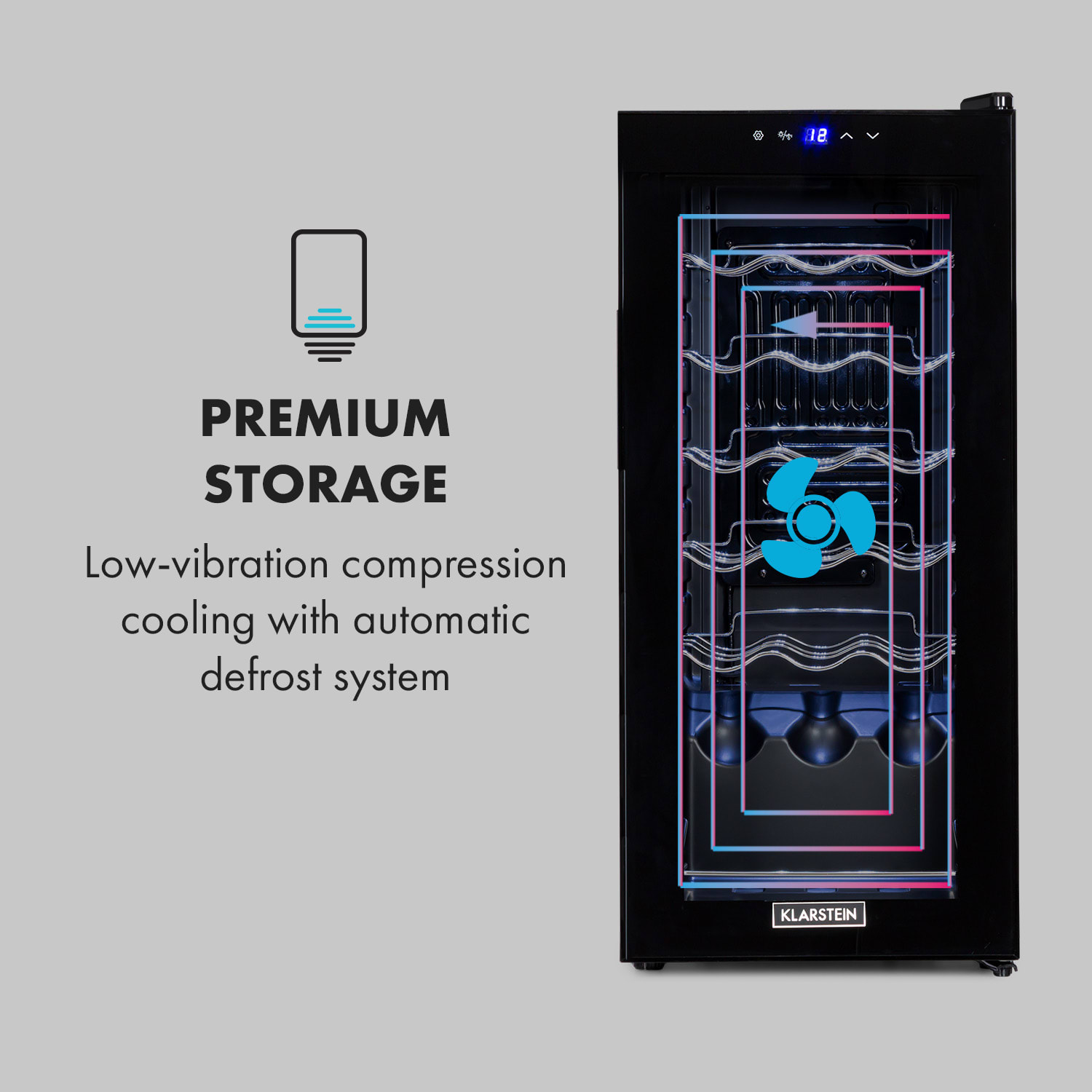 Klarstein Shiraz 18 Uno, vinotéka, 50 l, 18 fliaš, 5-18°C, dotykový ovládací panel – Obrázok 5