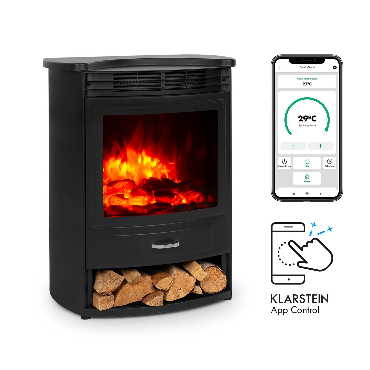 Klarstein Bormio S Smart, elektrický krb, 950/1800 W, termostat, týždenný časovač, čierny