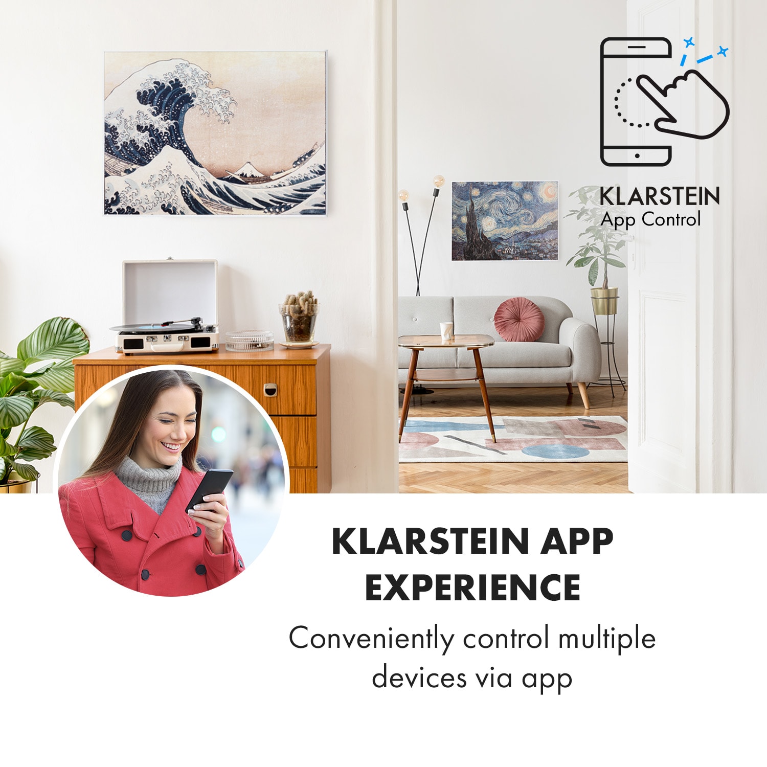 Klarstein Wonderwall Air Art Smart, infračervený ohrievač, 80 x 60 cm, 500 W, modré vlny – Obrázok 2