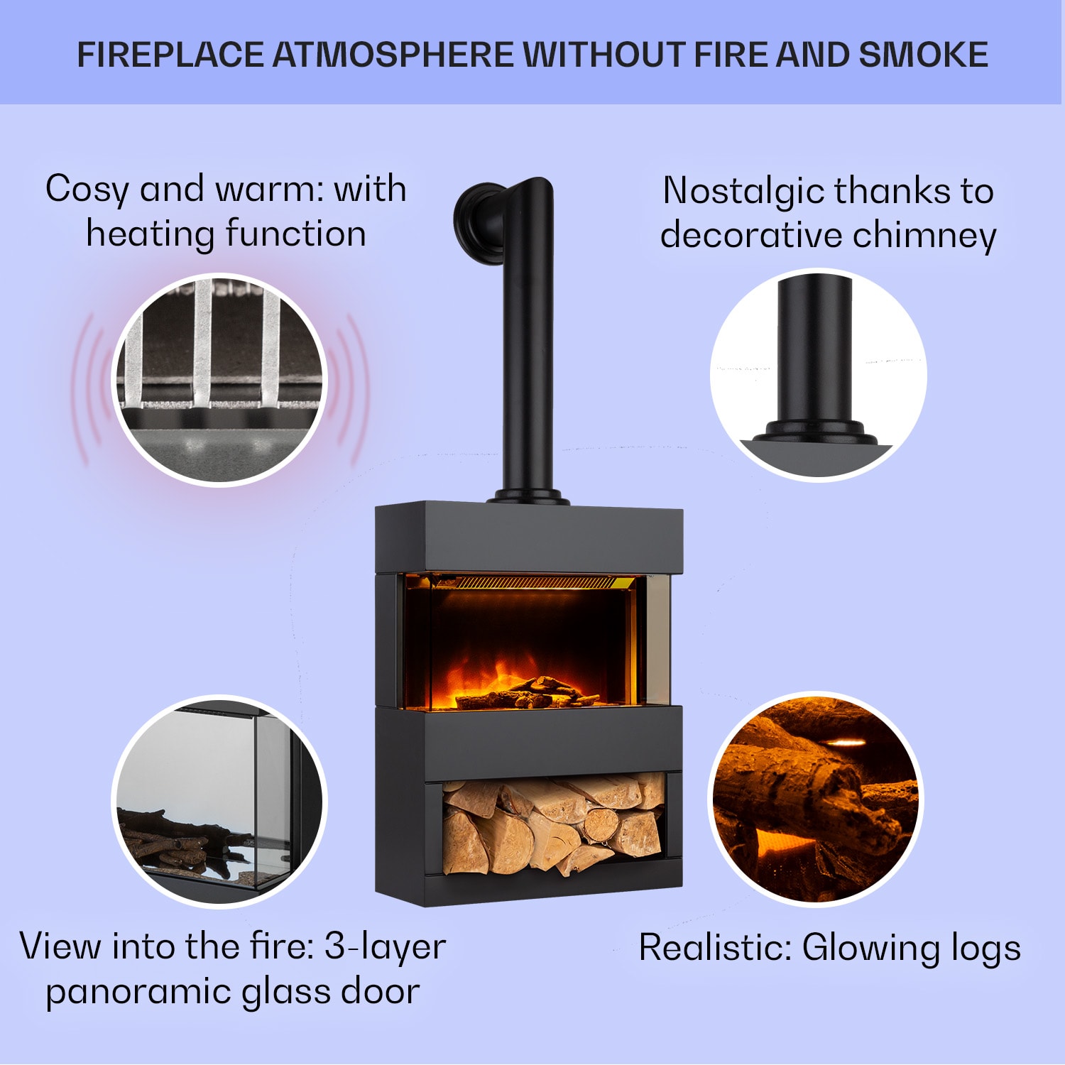 Klarstein Zermatt, elektrický krb, 900/1800 W, ilúzia plameňa, dymová rúra, cierna – Obrázok 2